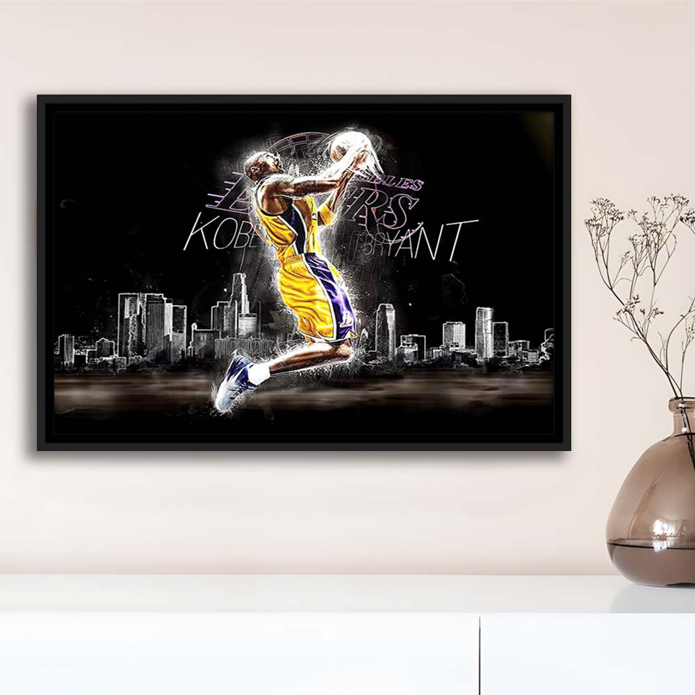 Basketball  #24 Lakers Art Print, Framed Canvas Print Wall Art Decor, Floating Frame, Neon Effect Art