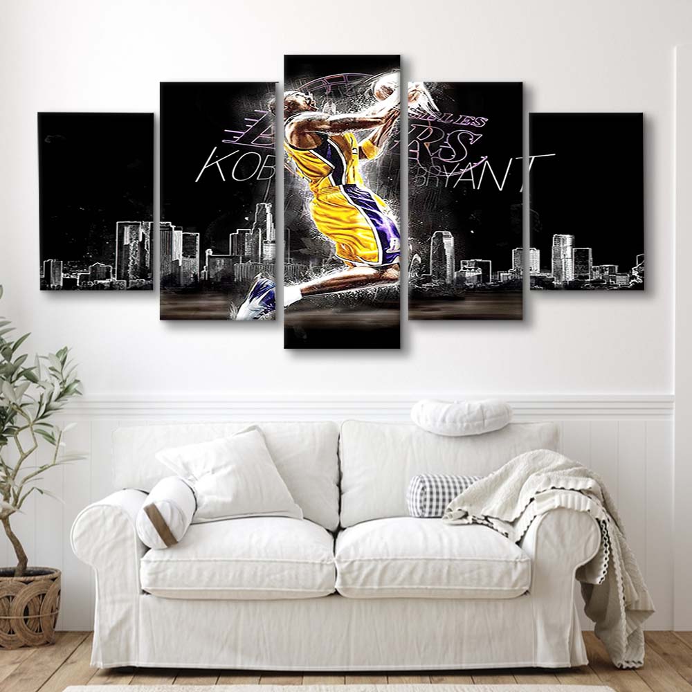 Basketball  #24 Lakers Art Print, 5 Panel Mixed Canvas Print Wall Art, Home Decor, Neon Canvas