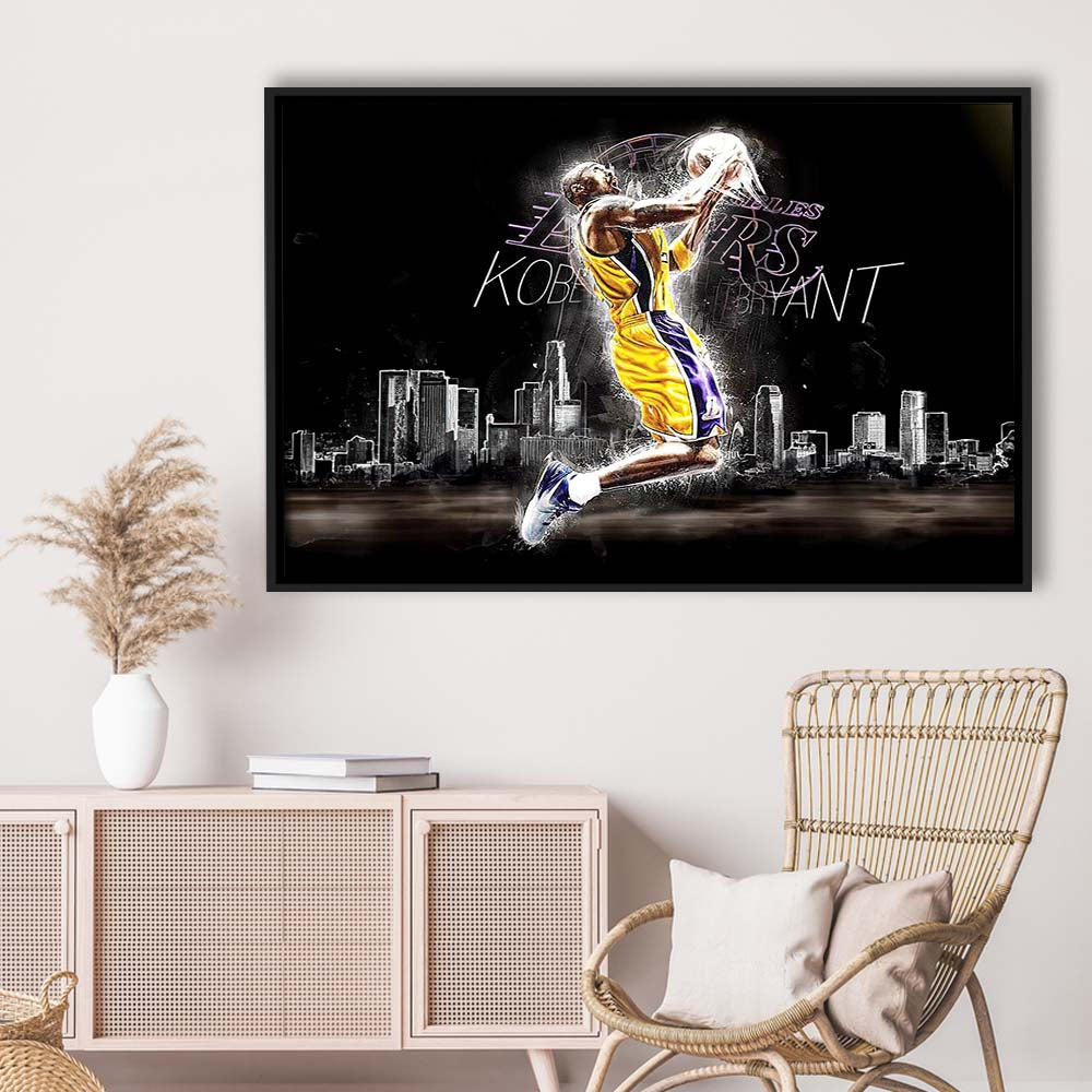Basketball  #24 Lakers Art Print, Framed Canvas Print Wall Art Decor, Floating Frame, Neon Effect Art