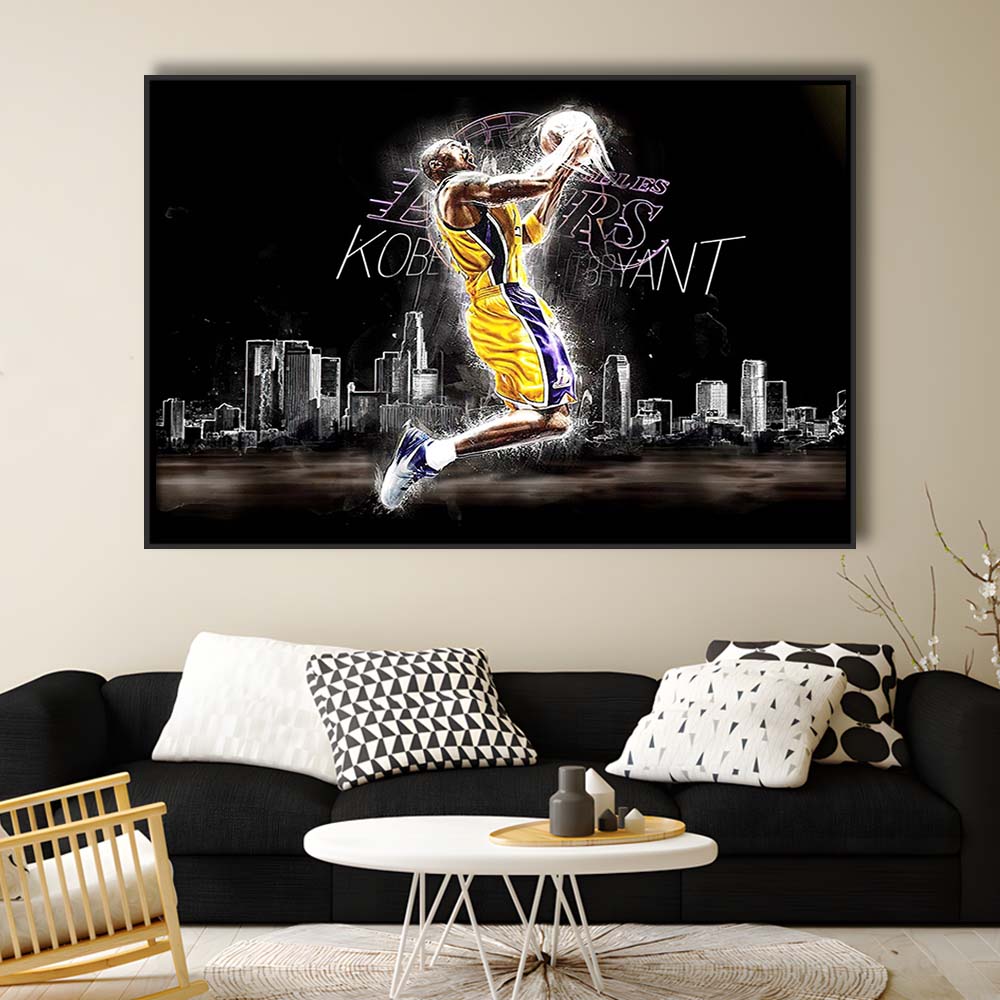 Basketball  #24 Lakers Art Print, Framed Canvas Print Wall Art Decor, Floating Frame, Neon Effect Art
