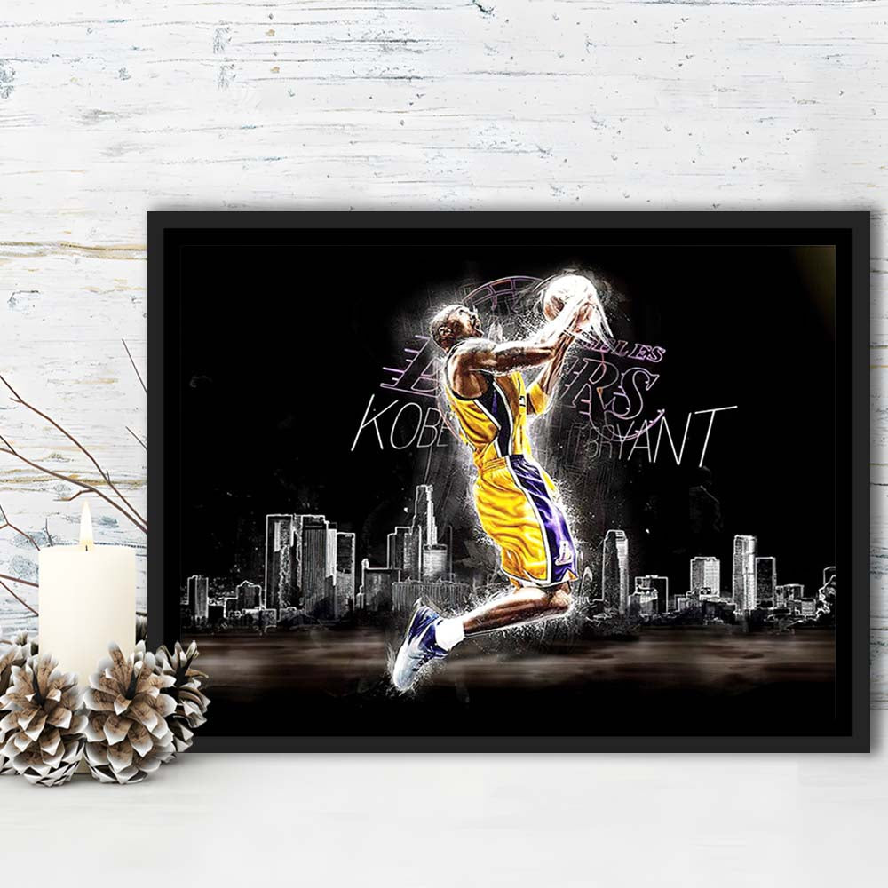 Basketball  #24 Lakers Art Print, Framed Canvas Print Wall Art Decor, Floating Frame, Neon Effect Art
