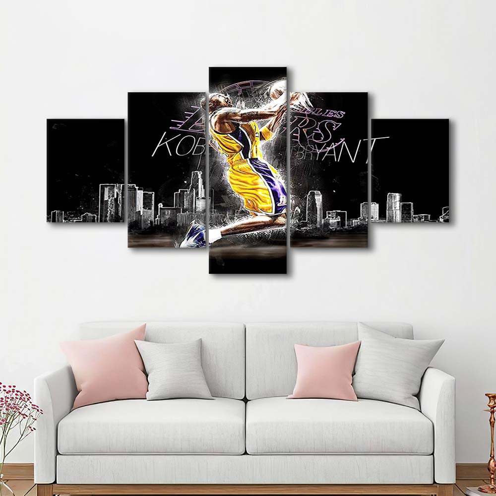 Basketball  #24 Lakers Art Print, 5 Panel Mixed Canvas Print Wall Art, Home Decor, Neon Canvas