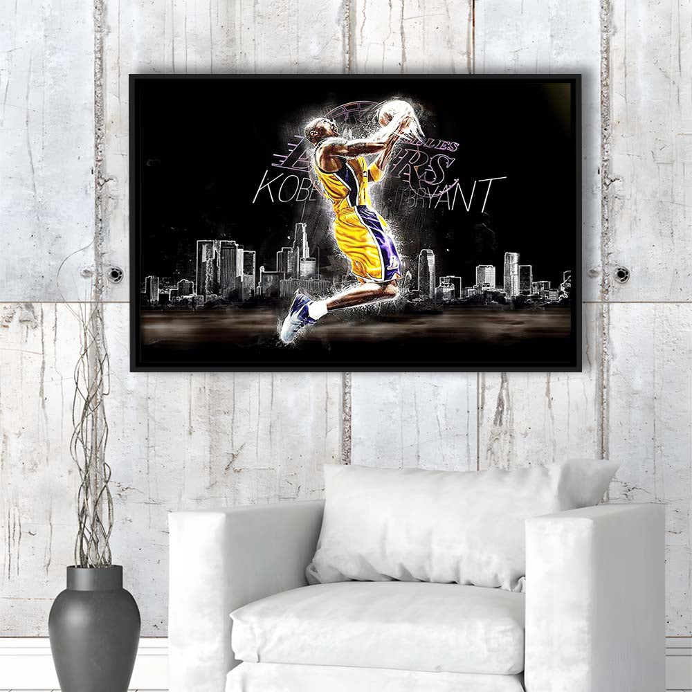 Basketball  #24 Lakers Art Print, Framed Canvas Print Wall Art Decor, Floating Frame, Neon Effect Art