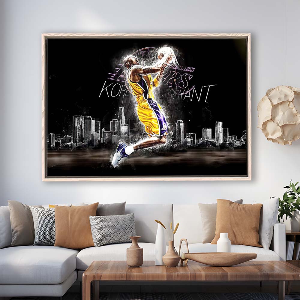 Basketball  #24 Lakers Art Print, Framed Canvas Print Wall Art Decor, Floating Frame, Neon Effect Art