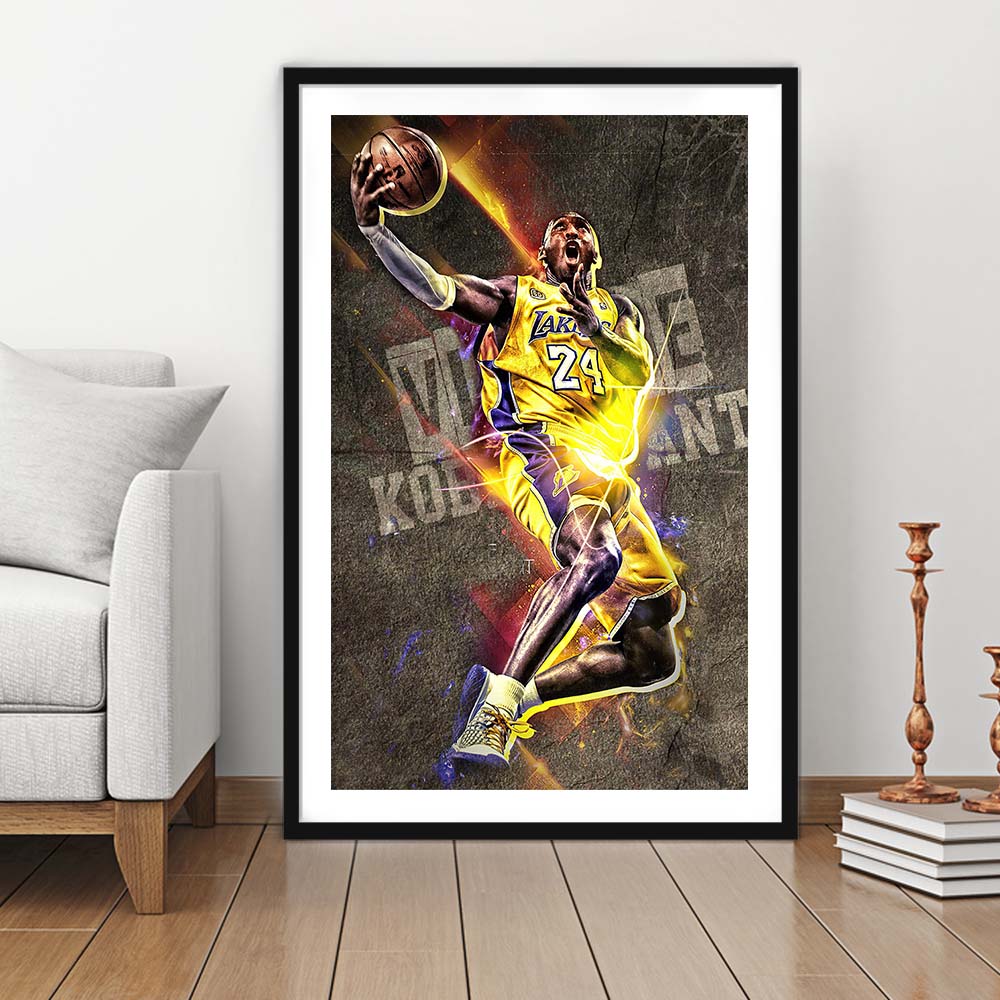Basketball #24 Lakers Neon Light Art, Framed Art Print, Luxury Pictures Framed, White Border