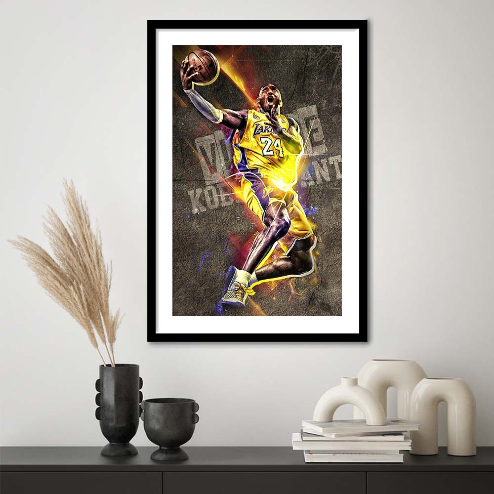 Basketball #24 Lakers Neon Light Art, Framed Art Print, Luxury Pictures Framed, White Border
