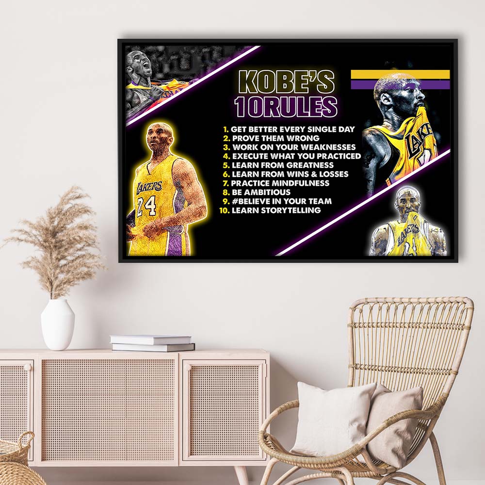 Basketball  #24 Rules Art Print, Framed Canvas Print Wall Art Decor, Floating Frame, Neon Effect Art