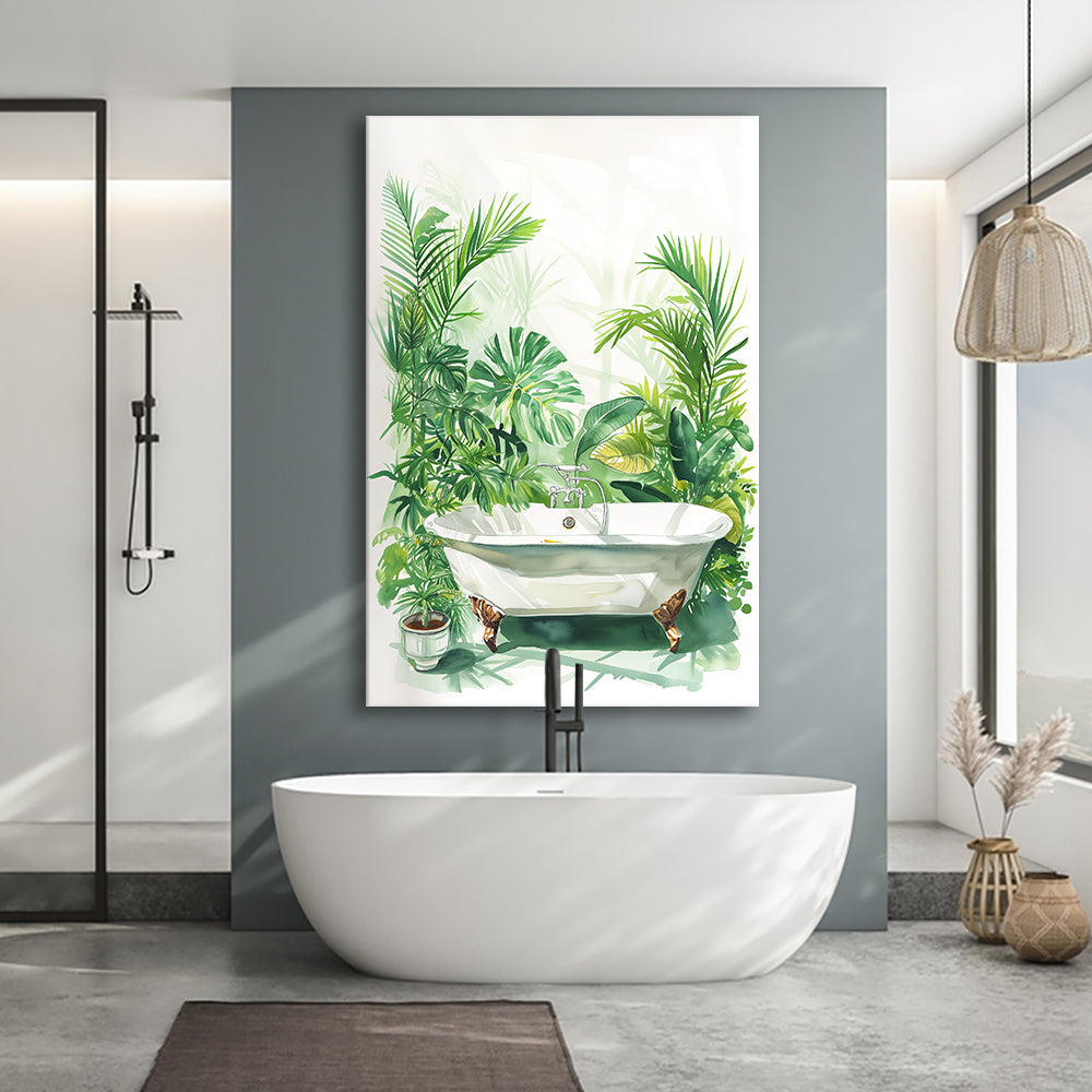 Botanical Green Tropical Leave Canvas Prints Wall Art, Bathroom Art Decor,
