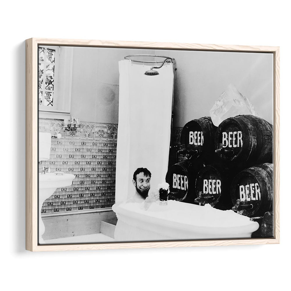 Bathtub of Beer Black and White Art Funny Bathroom Art, Floating Framed Canvas Print