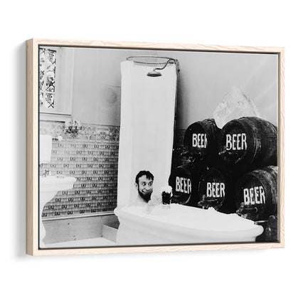 Bathtub of Beer Black and White Art Funny Bathroom Art, Floating Framed Canvas Print