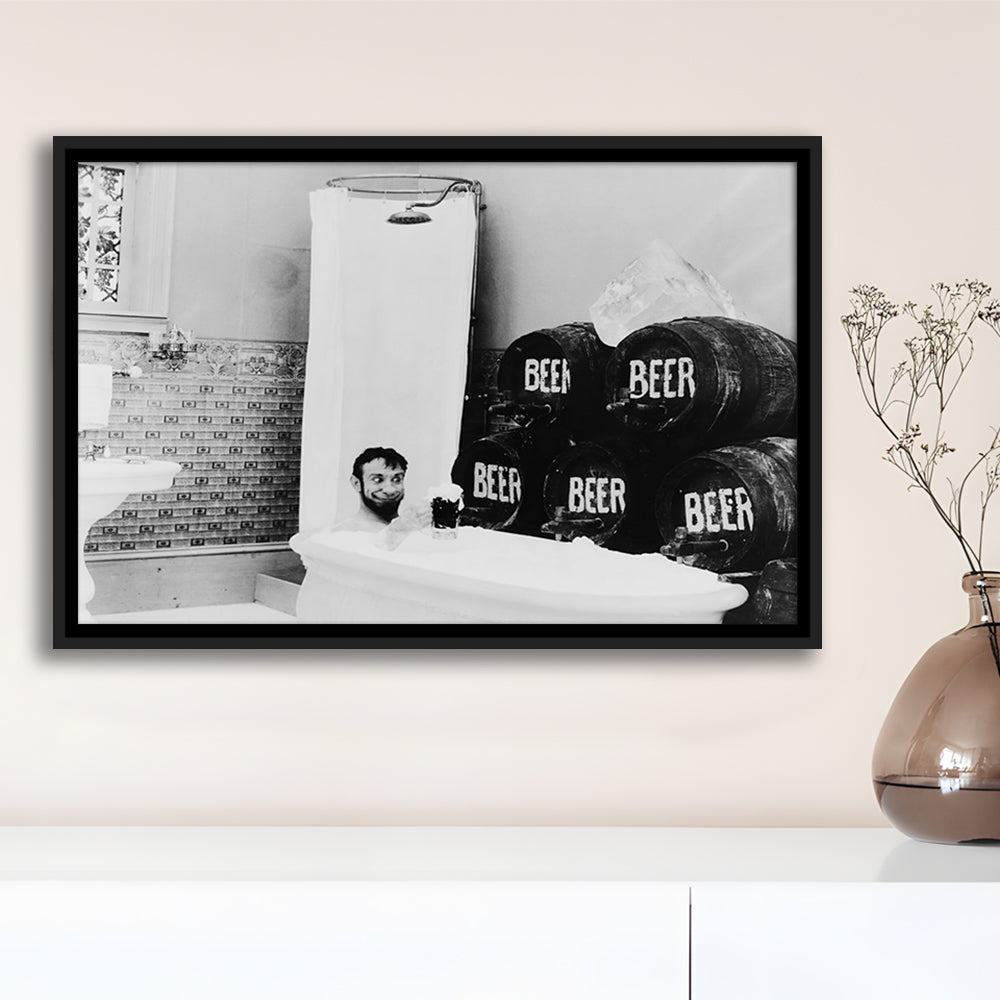 Bathtub of Beer Black and White Art Funny Bathroom Art, Floating Framed Canvas Print