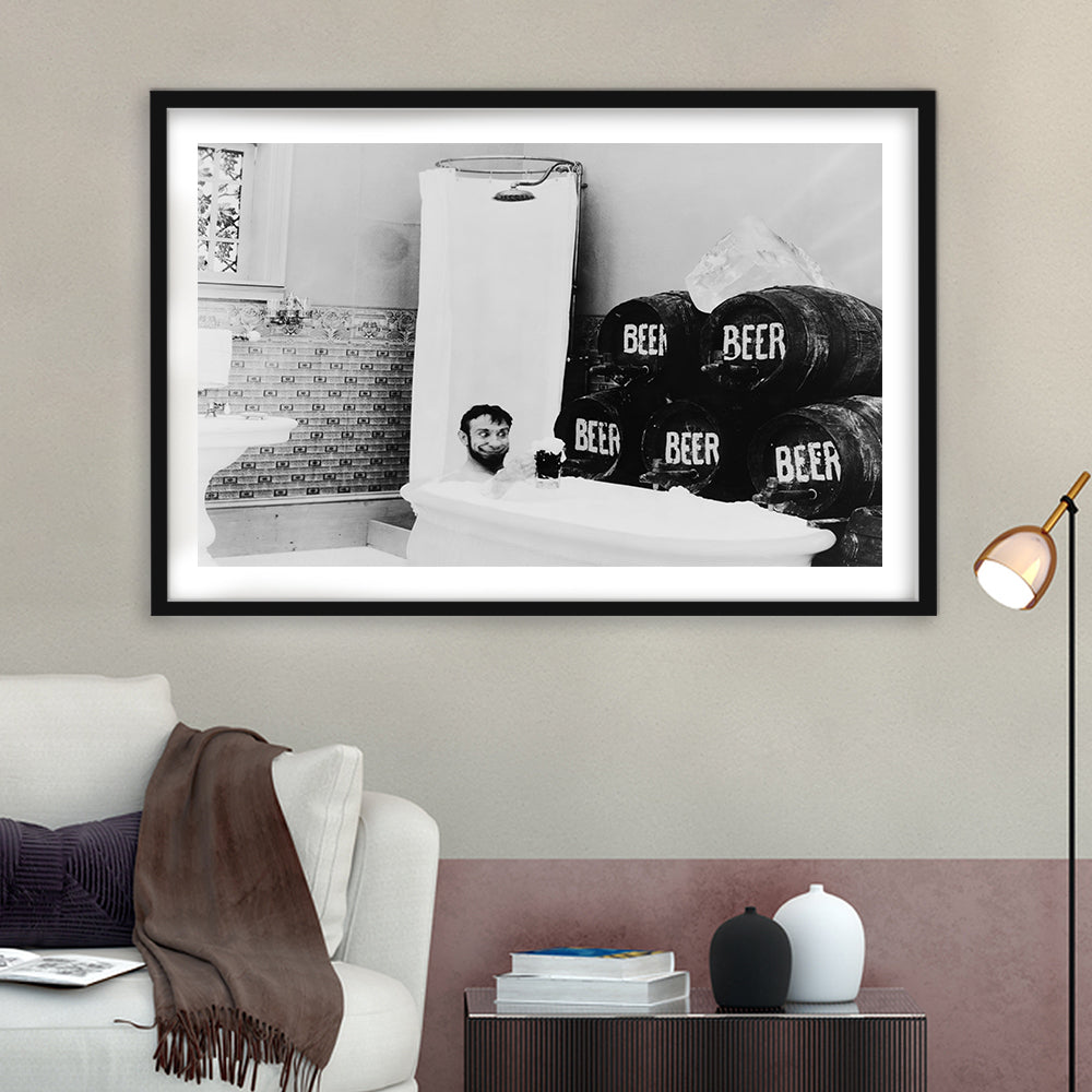 Bathtub of Beer Black and White Art Funny Bathroom Art, Framed Art Print White Border Wall Decor