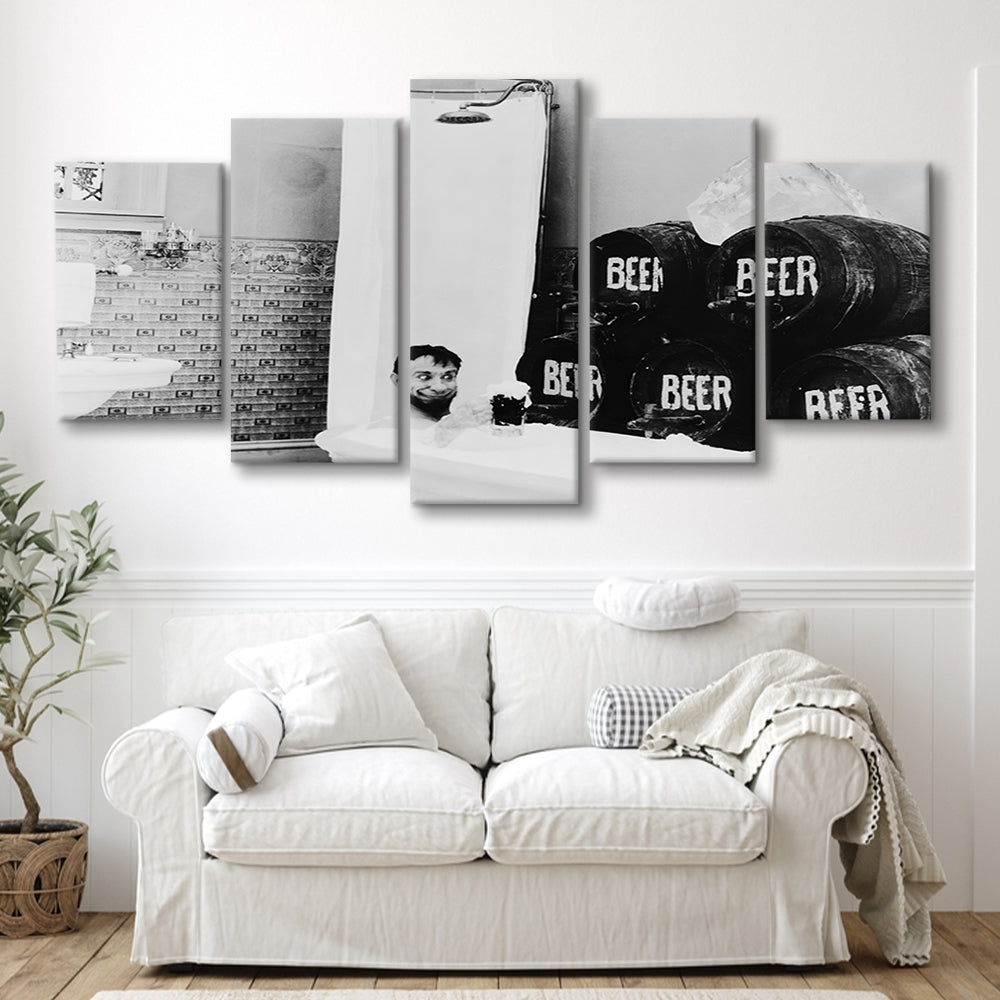 Bathtub of Beer Black and White Art Funny Bathroom Art, Mixed 5 Pieces Canvas Print