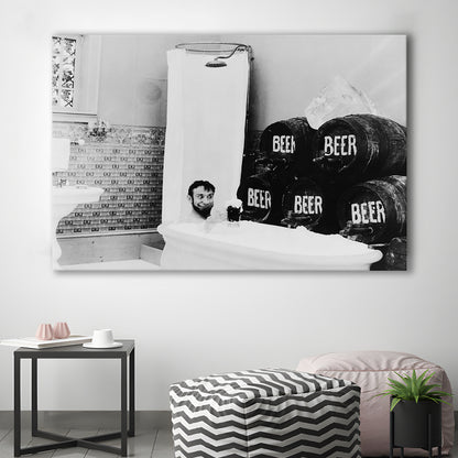 Bathtub of Beer Black and White Art Funny Bathroom Art, Canvas Print Wall Art Decor