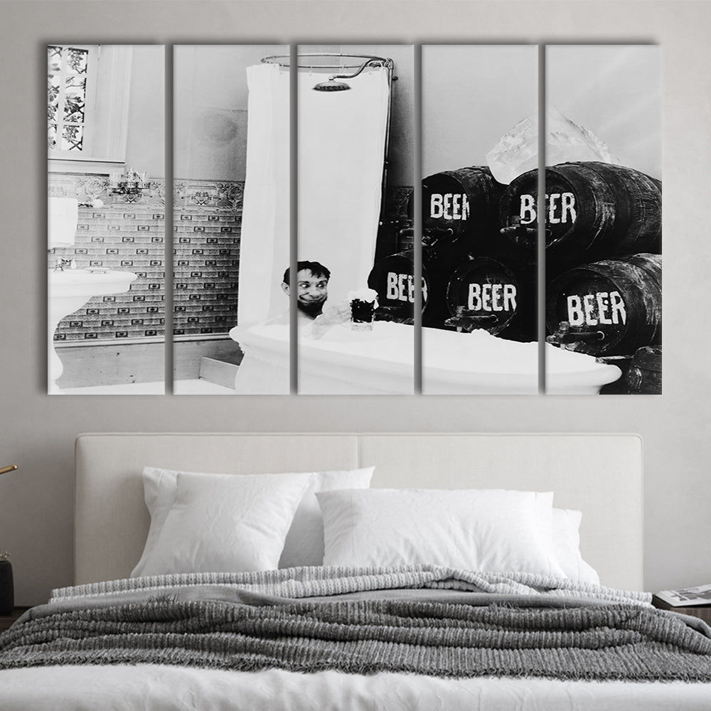 Bathtub of Beer Black and White Art Funny Bathroom Art, 5 Pieces Large Canvas Print