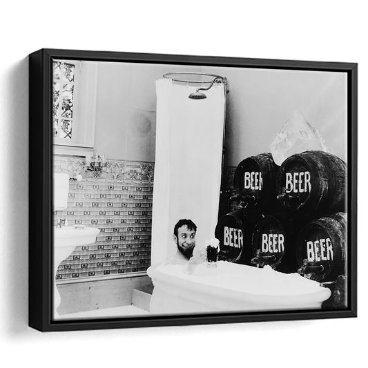 Bathtub of Beer Black and White Art Funny Bathroom Art, Floating Framed Canvas Print