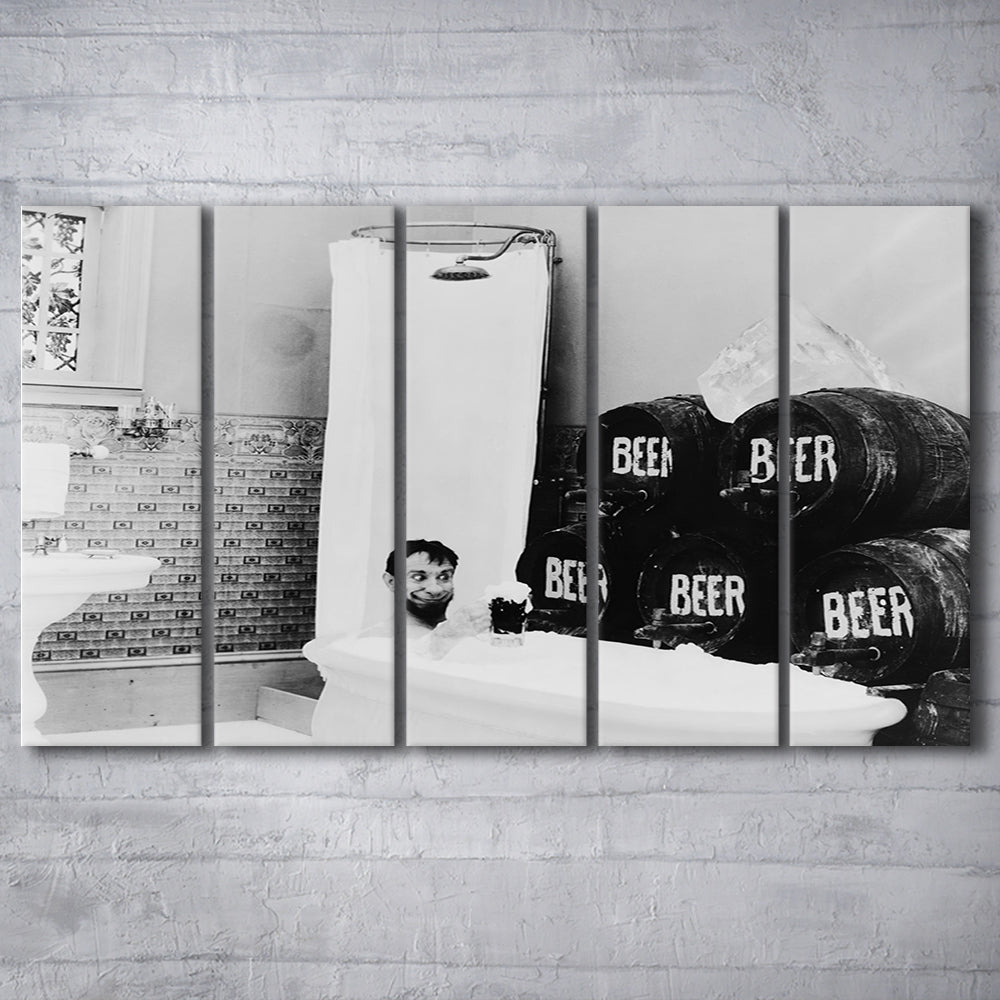 Bathtub of Beer Black and White Art Funny Bathroom Art, 5 Pieces Large Canvas Print