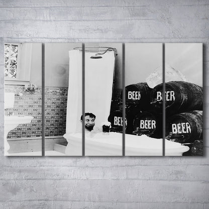 Bathtub of Beer Black and White Art Funny Bathroom Art, 5 Pieces Large Canvas Print