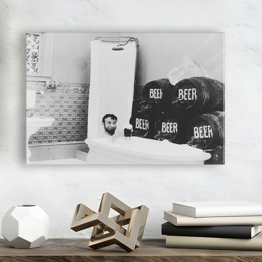 Bathtub of Beer Black and White Art Funny Bathroom Art, Canvas Print Wall Art Decor