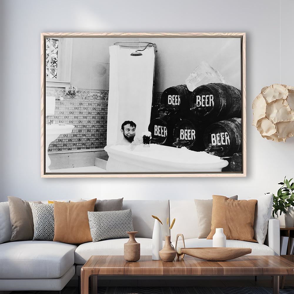 Bathtub of Beer Black and White Art Funny Bathroom Art, Floating Framed Canvas Print
