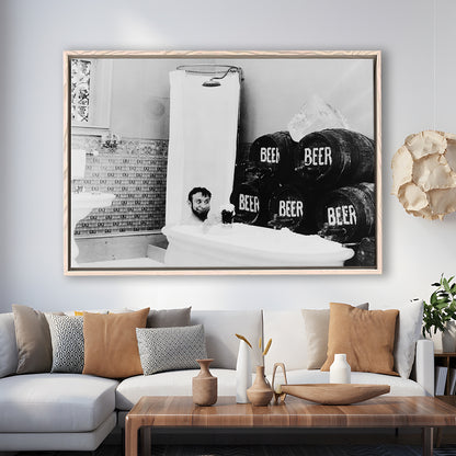 Bathtub of Beer Black and White Art Funny Bathroom Art, Floating Framed Canvas Print