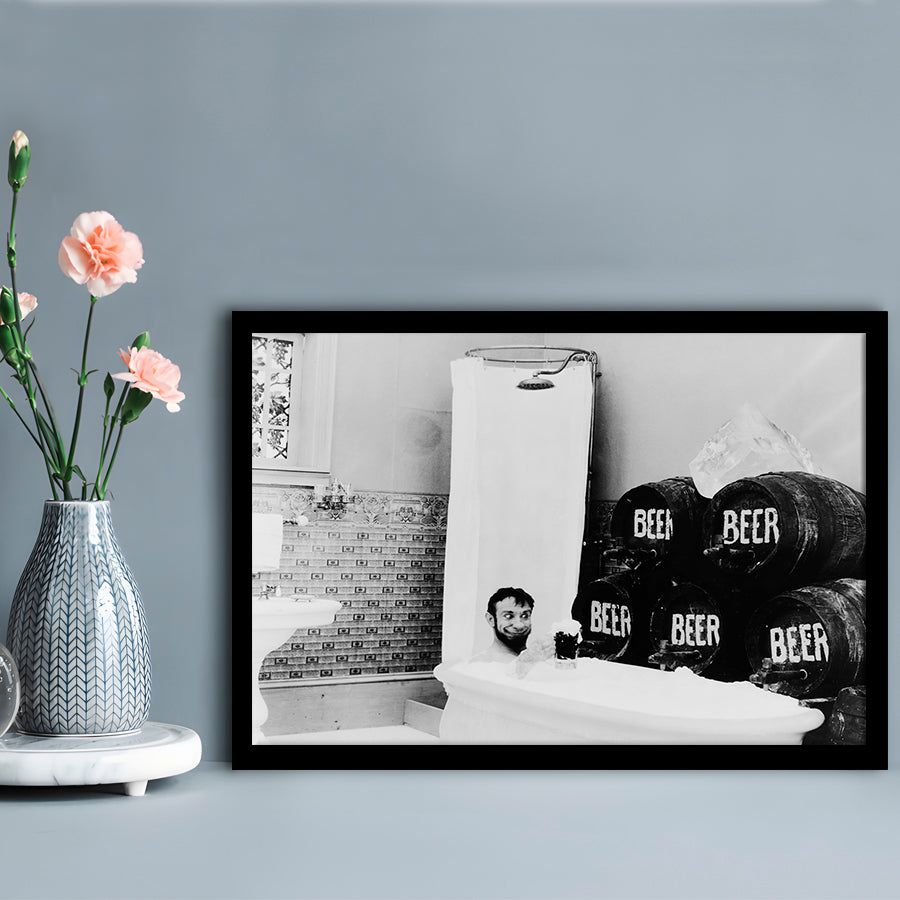Bathtub of Beer Black and White Art Funny Bathroom Art, Framed Art Print Wall Decor