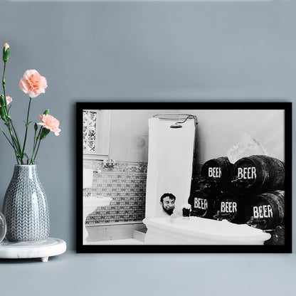 Bathtub of Beer Black and White Art Funny Bathroom Art, Framed Art Print Wall Decor