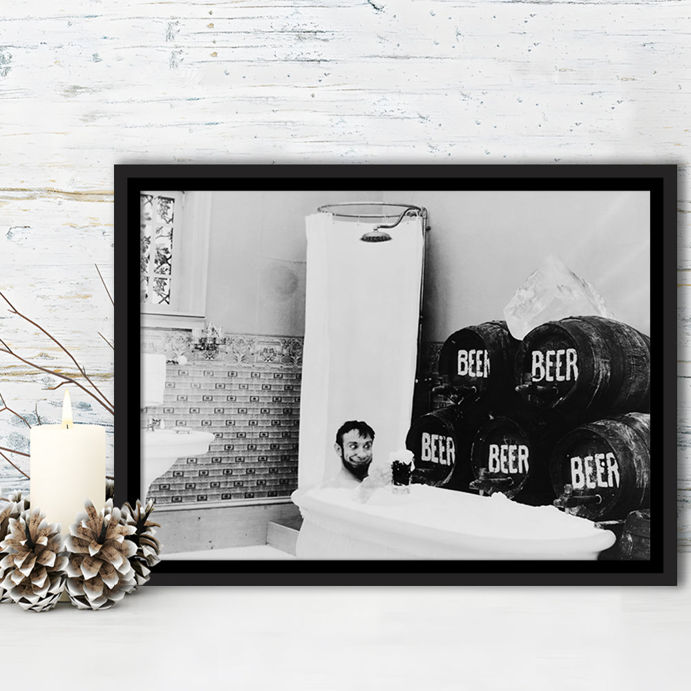 Bathtub of Beer Black and White Art Funny Bathroom Art, Floating Framed Canvas Print