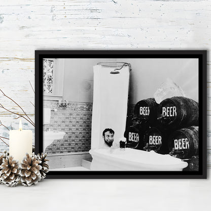 Bathtub of Beer Black and White Art Funny Bathroom Art, Floating Framed Canvas Print