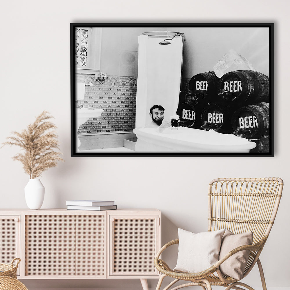 Bathtub of Beer Black and White Art Funny Bathroom Art, Floating Framed Canvas Print