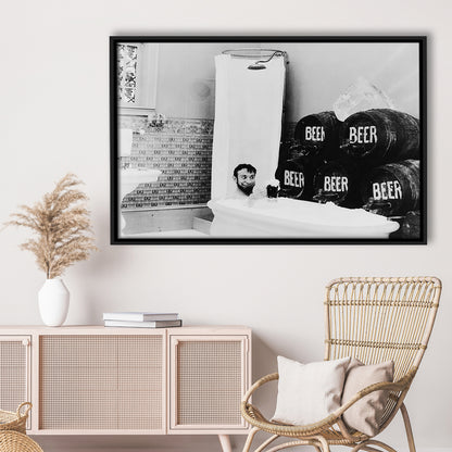 Bathtub of Beer Black and White Art Funny Bathroom Art, Floating Framed Canvas Print