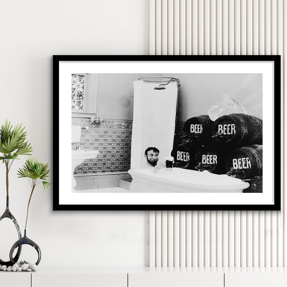 Bathtub of Beer Black and White Art Funny Bathroom Art, Framed Art Print White Border Wall Decor