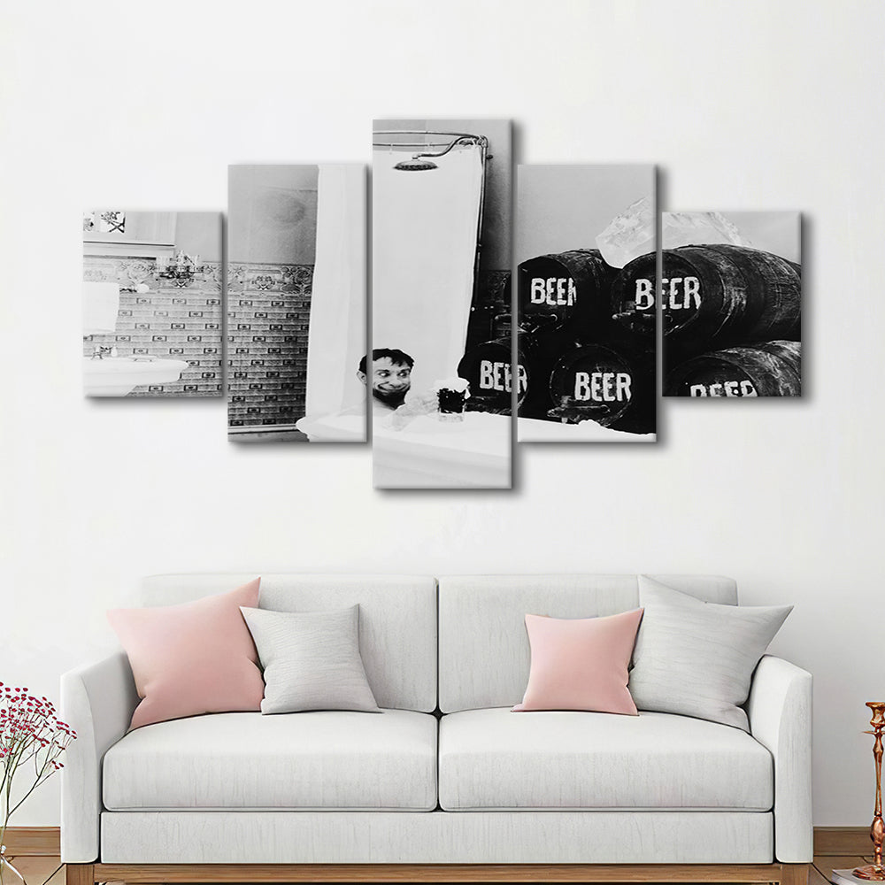 Bathtub of Beer Black and White Art Funny Bathroom Art, Mixed 5 Pieces Canvas Print