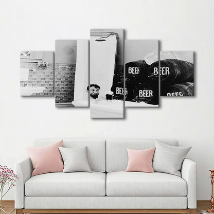 Bathtub of Beer Black and White Art Funny Bathroom Art, Mixed 5 Pieces Canvas Print