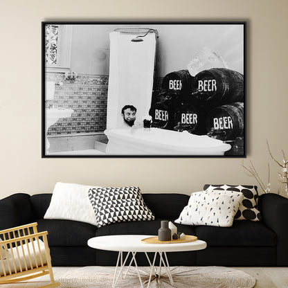 Bathtub of Beer Black and White Art Funny Bathroom Art, Floating Framed Canvas Print
