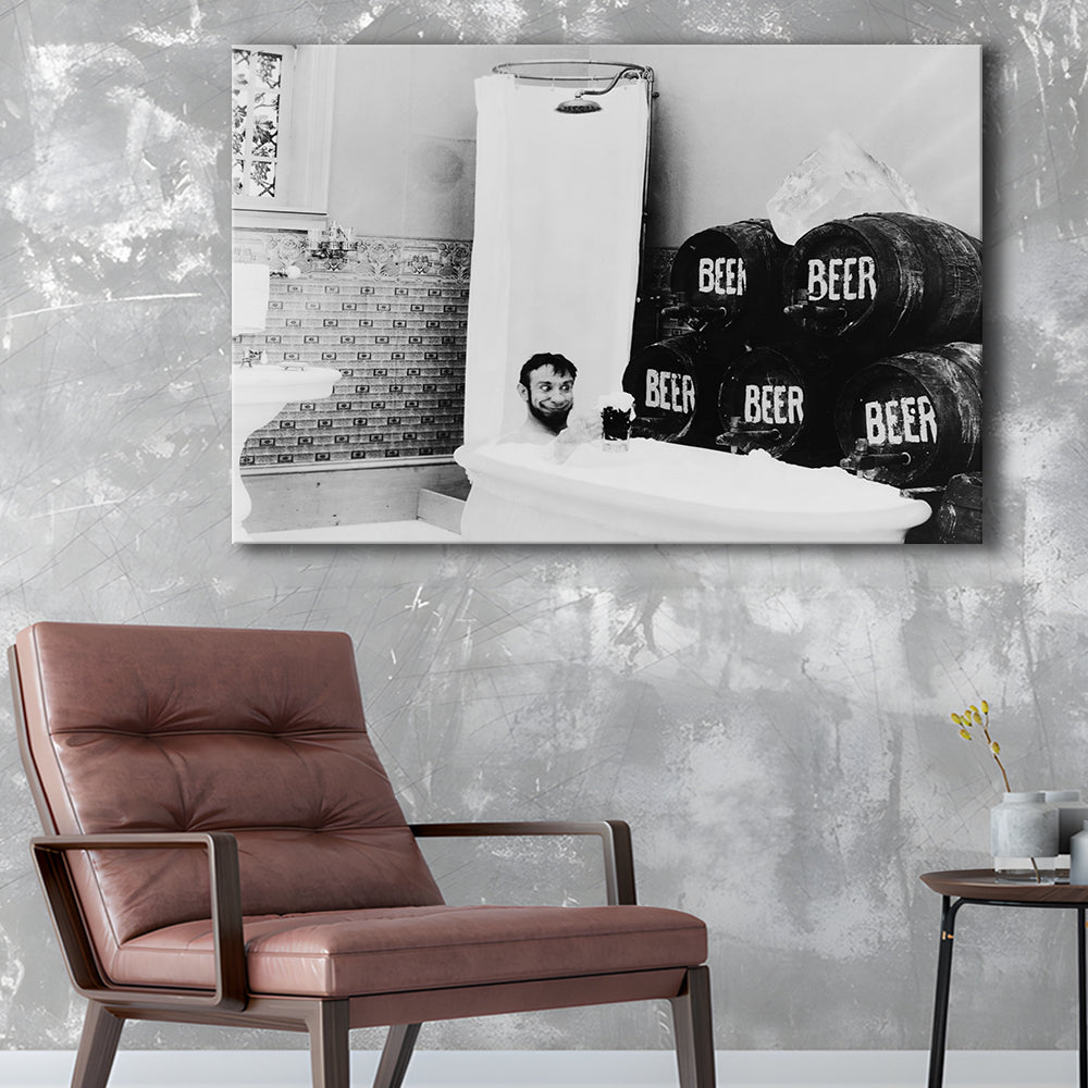 Bathtub of Beer Black and White Art Funny Bathroom Art, Canvas Print Wall Art Decor