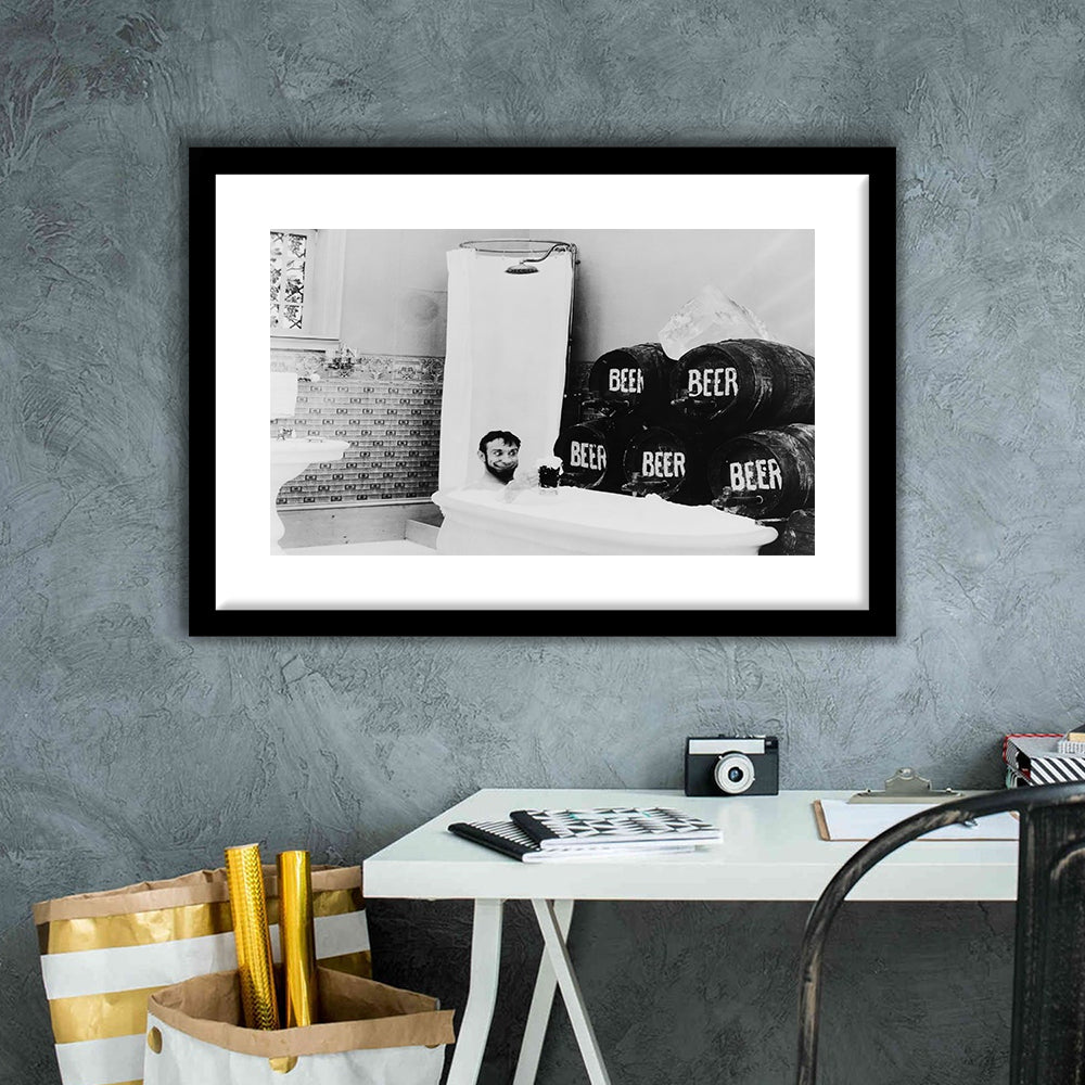 Bathtub of Beer Black and White Art Funny Bathroom Art, Framed Art Print White Border Wall Decor