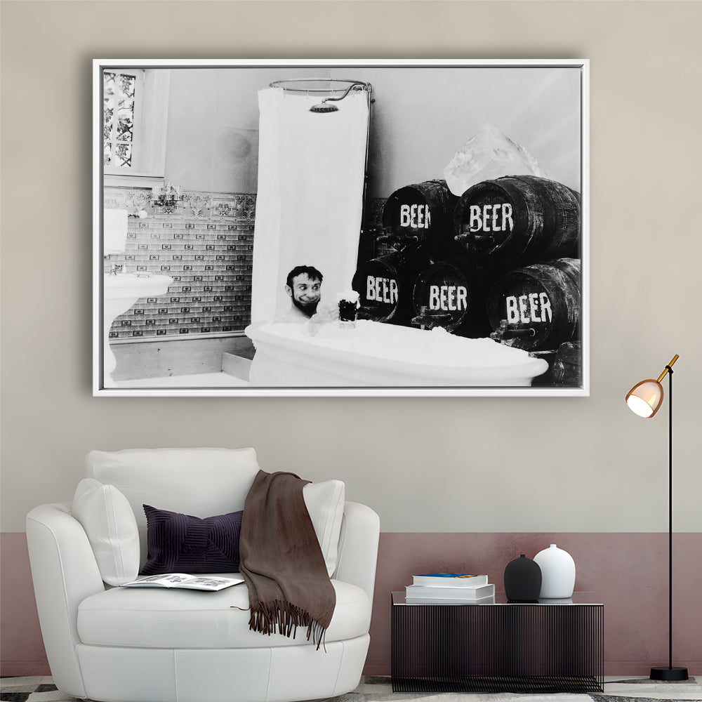 Bathtub of Beer Black and White Art Funny Bathroom Art, Floating Framed Canvas Print