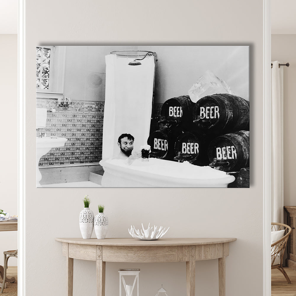 Bathtub of Beer Black and White Art Funny Bathroom Art, Canvas Print Wall Art Decor