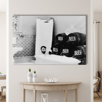Bathtub of Beer Black and White Art Funny Bathroom Art, Canvas Print Wall Art Decor