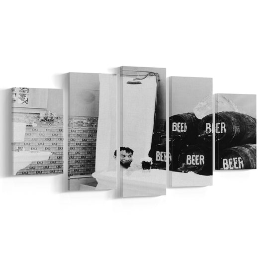 Bathtub of Beer Black and White Art Funny Bathroom Art, Mixed 5 Pieces Canvas Print