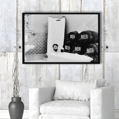 Bathtub of Beer Black and White Art Funny Bathroom Art, Floating Framed Canvas Print
