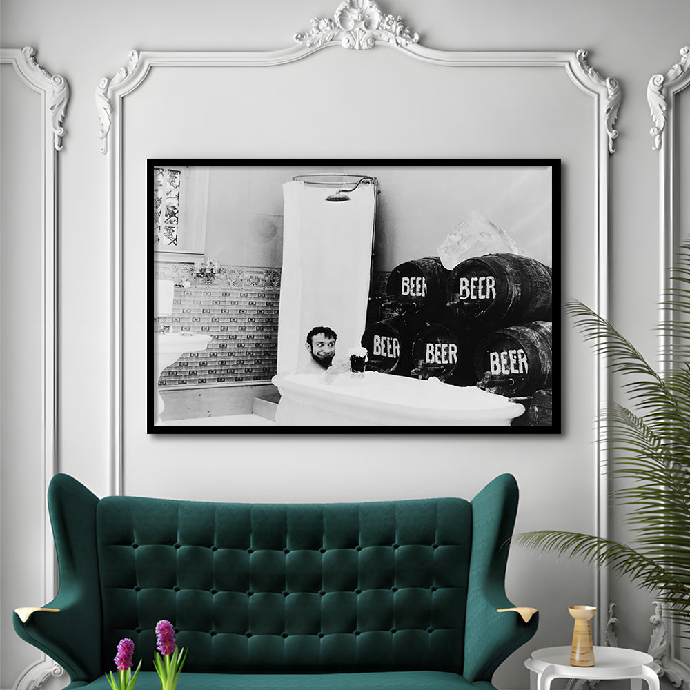 Bathtub of Beer Black and White Art Funny Bathroom Art, Framed Art Print Wall Decor