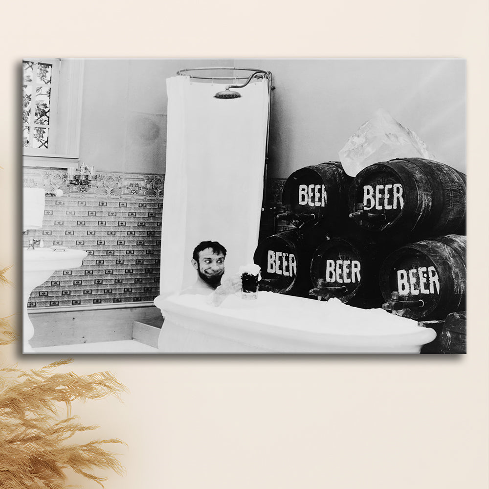 Bathtub of Beer Black and White Art Funny Bathroom Art, Canvas Print Wall Art Decor