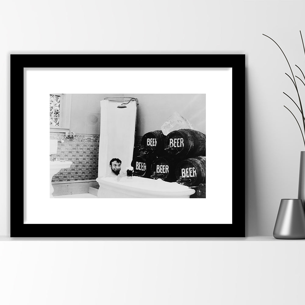 Bathtub of Beer Black and White Art Funny Bathroom Art, Framed Art Print White Border Wall Decor