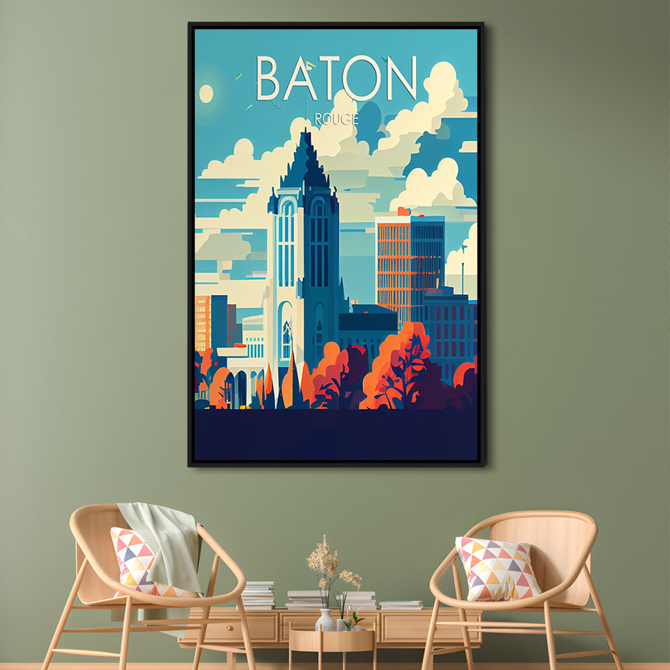 Baton Rouge Retro Art Print, Baton Rouge City Wall Art, Floating Framed Canvas Print, Framed Picture, Painting Canvas