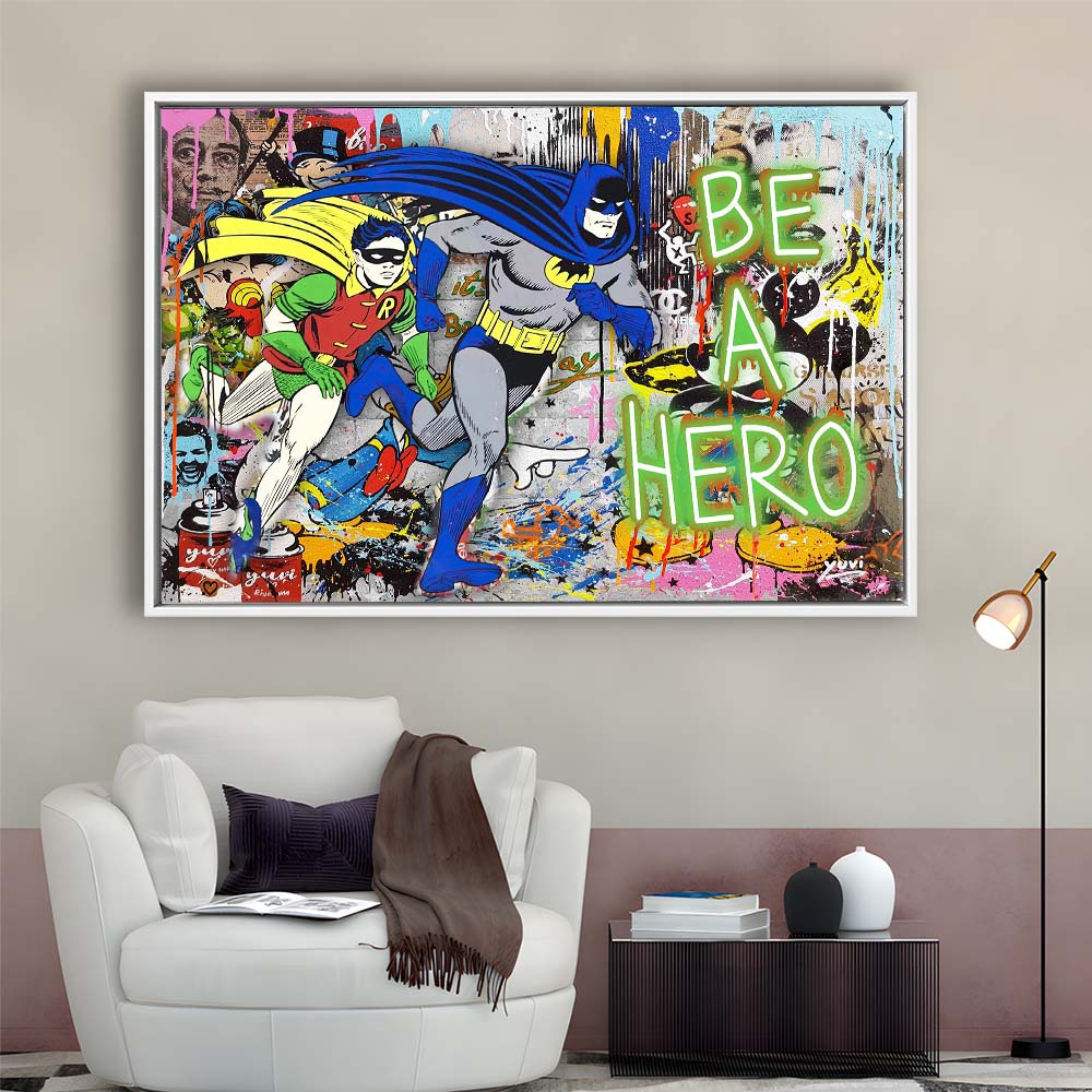 Be A Hero Art Print, Framed Canvas Print Wall Art Decor, Floating Frame, Neon Effect Art