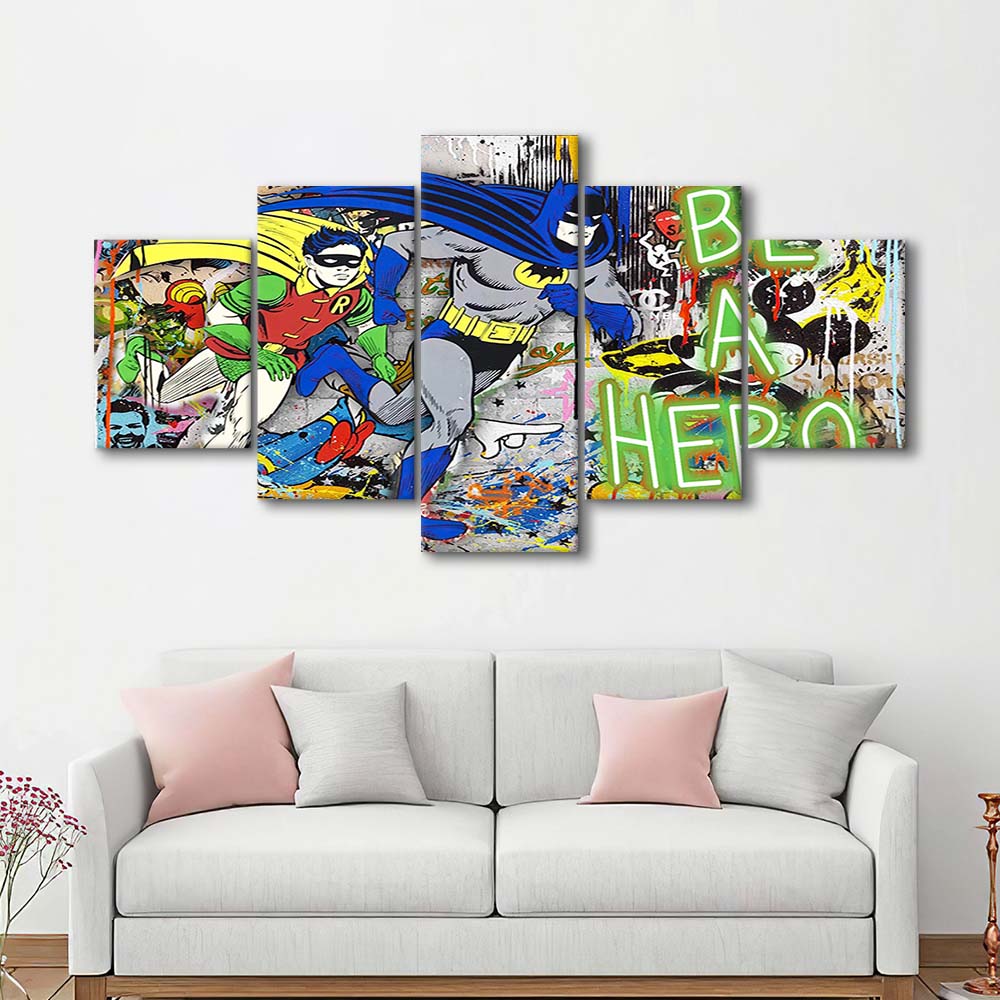 Be A Hero Art Print, 5 Panel Mixed Canvas Print Wall Art, Home Decor, Neon Canvas