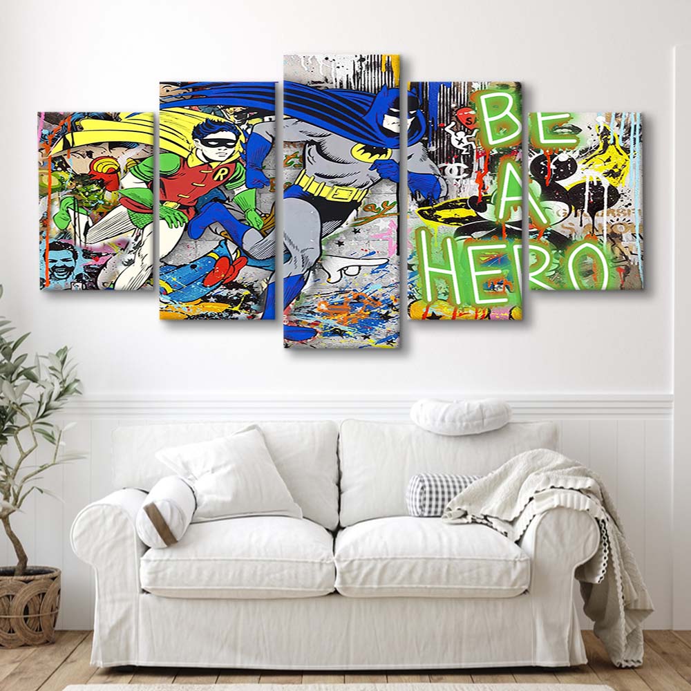 Be A Hero Art Print, 5 Panel Mixed Canvas Print Wall Art, Home Decor, Neon Canvas