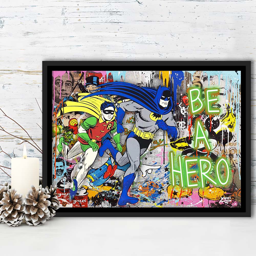 Be A Hero Art Print, Framed Canvas Print Wall Art Decor, Floating Frame, Neon Effect Art